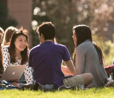 UW students sitting in quad on sunny day